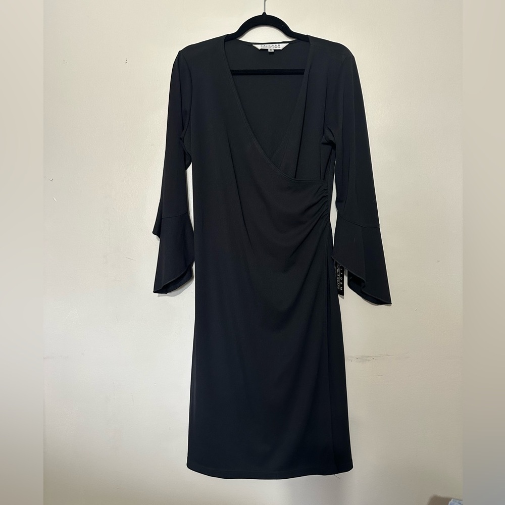JohnPaulRichard Black Long Ruffle Sleeve Wrap Ruched Dress NWT